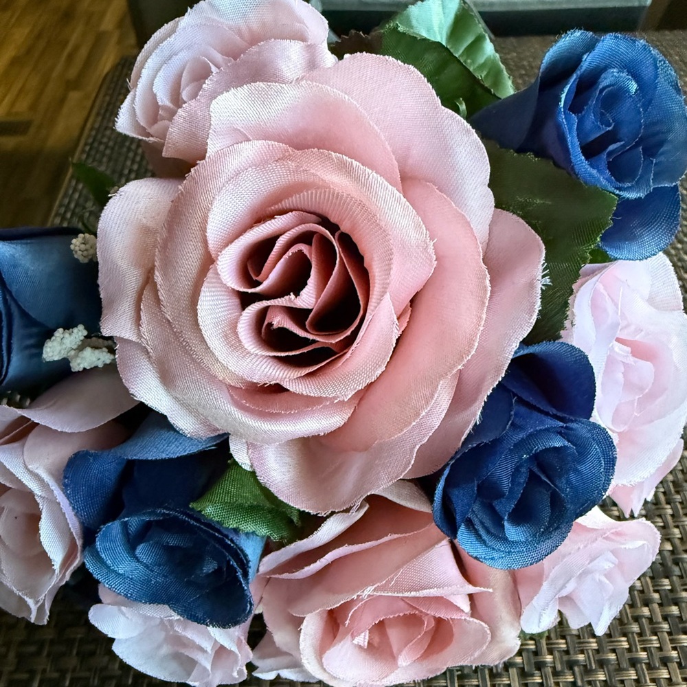Pink and Blue Artificial Rose Bouquet